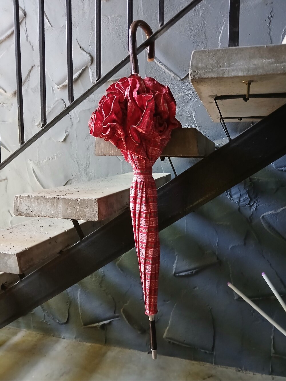 Vintage Parasol/Umbrella Fabric With Natural Wood Handle